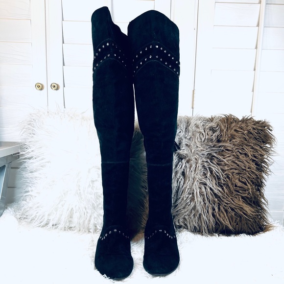 Vintage STEAMPUNK Suede Studded Over Knee Boots - Picture 11 of 16